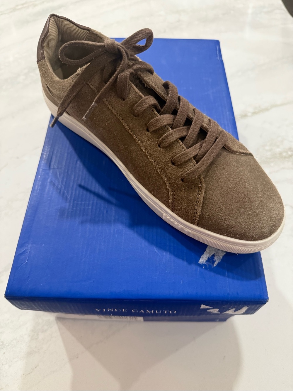 Vince Camuto Cowon Court Sneaker, size 8, Taupe Suede, New In Box